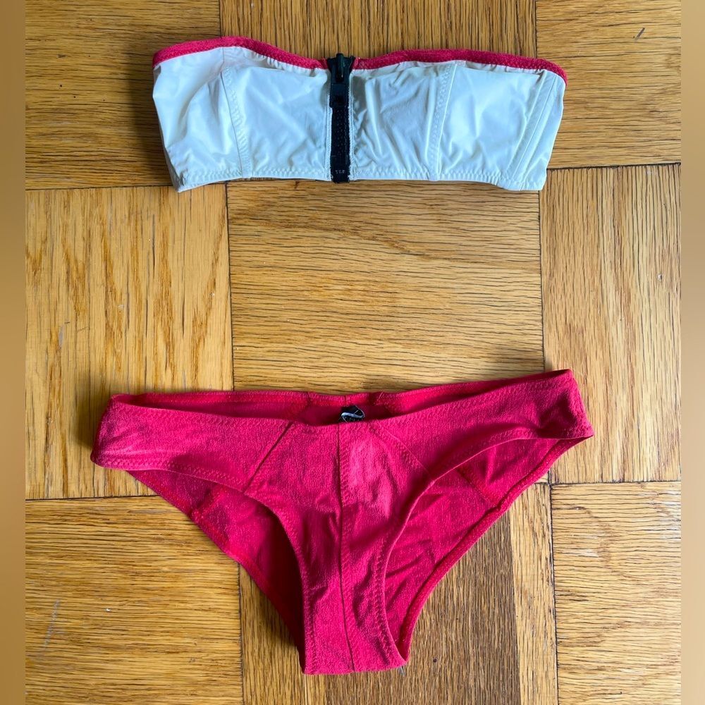 Lisa Marie Fernandez $350 Lauren White/Red Textured Strapless Bikini, Size 1/XS